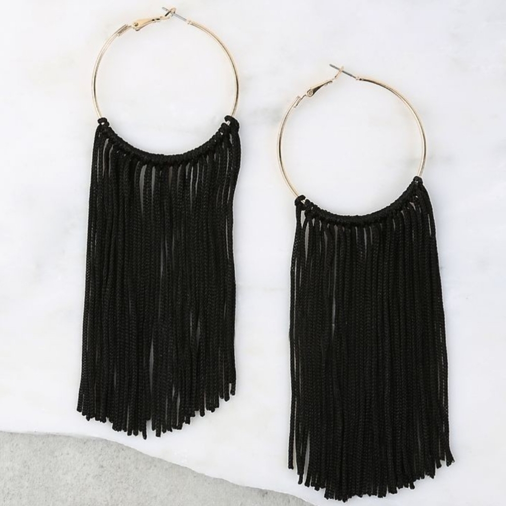 Black Fringe Boho Tassel Hoops - Gold Statement Earrings - Picture 2 of 3